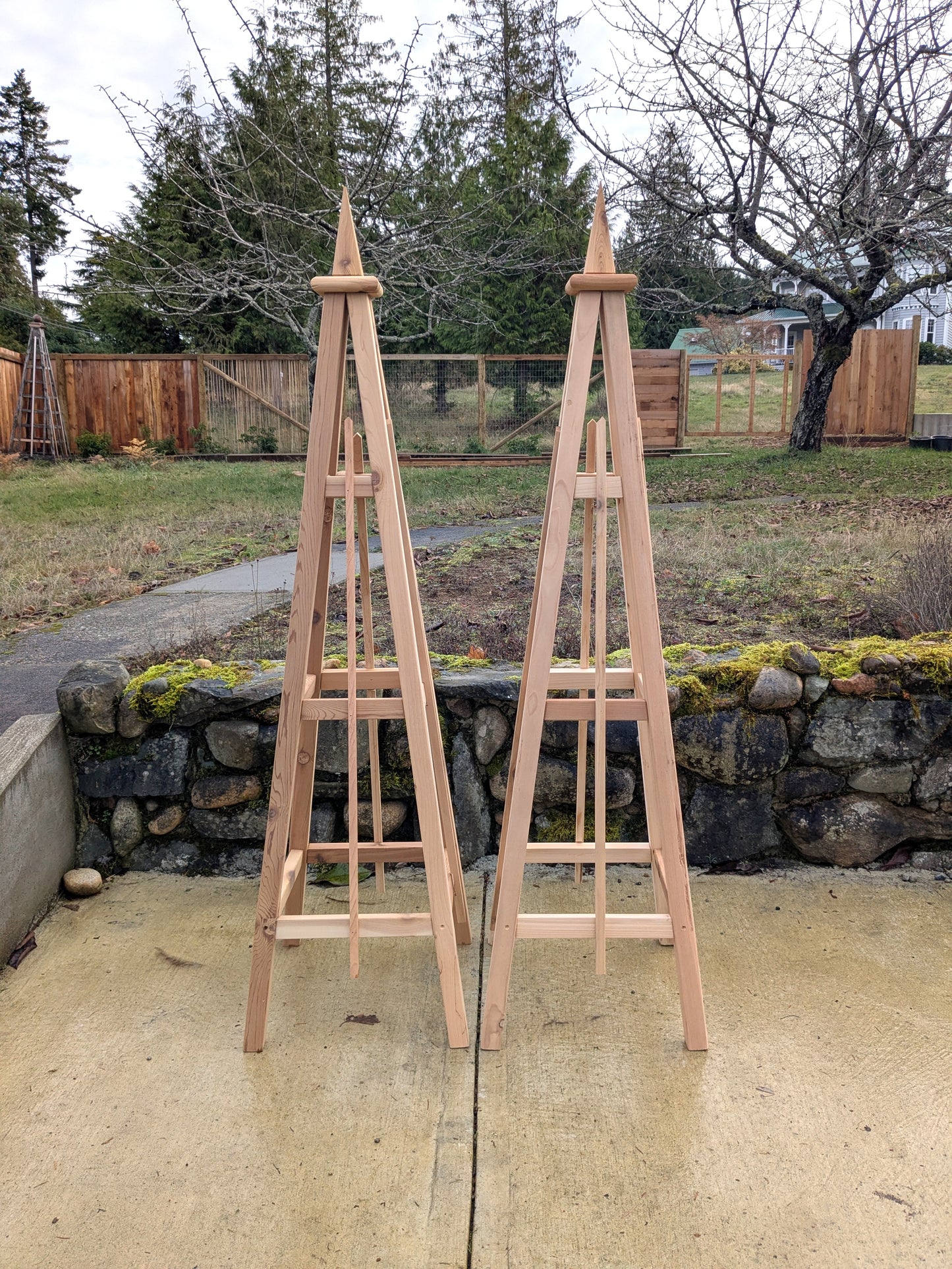 SALE ! Pair of 5' Cedar Garden Obelisk, 3 Rail Spire (spike) Finial 16" Base | Factory 2nd