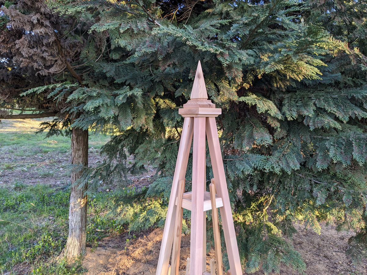 7' Solid Cedar Obelisk | Natural Unstained Western Red Cedar Obelisk | 24" Base with Sphere or Spire Finial
