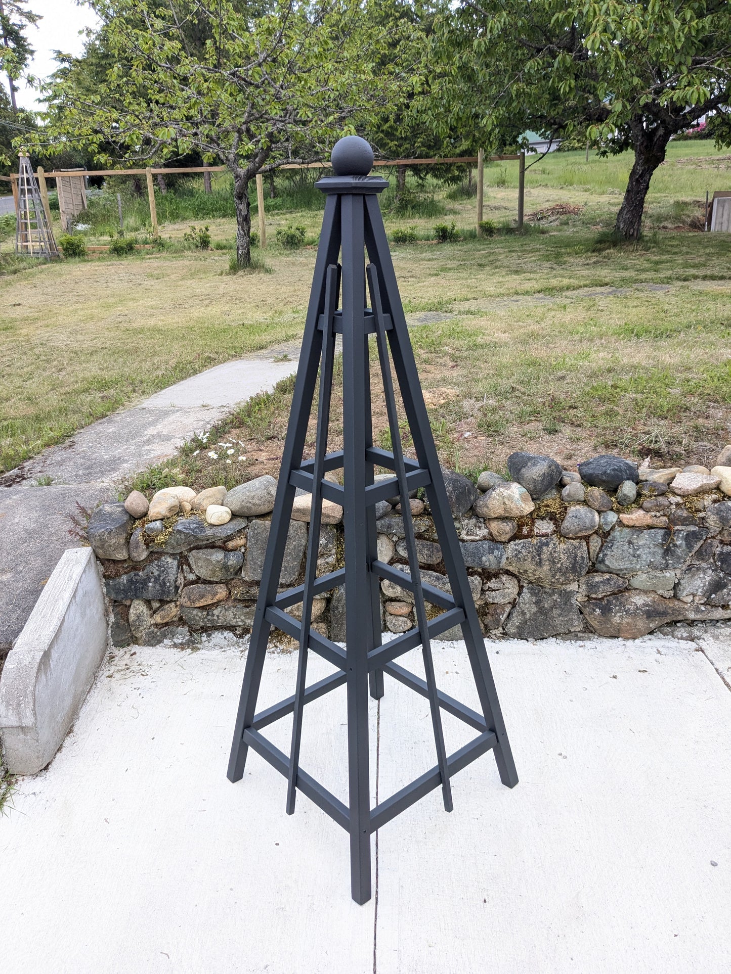 SALE - 6' Slate Stained Cedar Obelisk | 1 picket per side | sphere finial