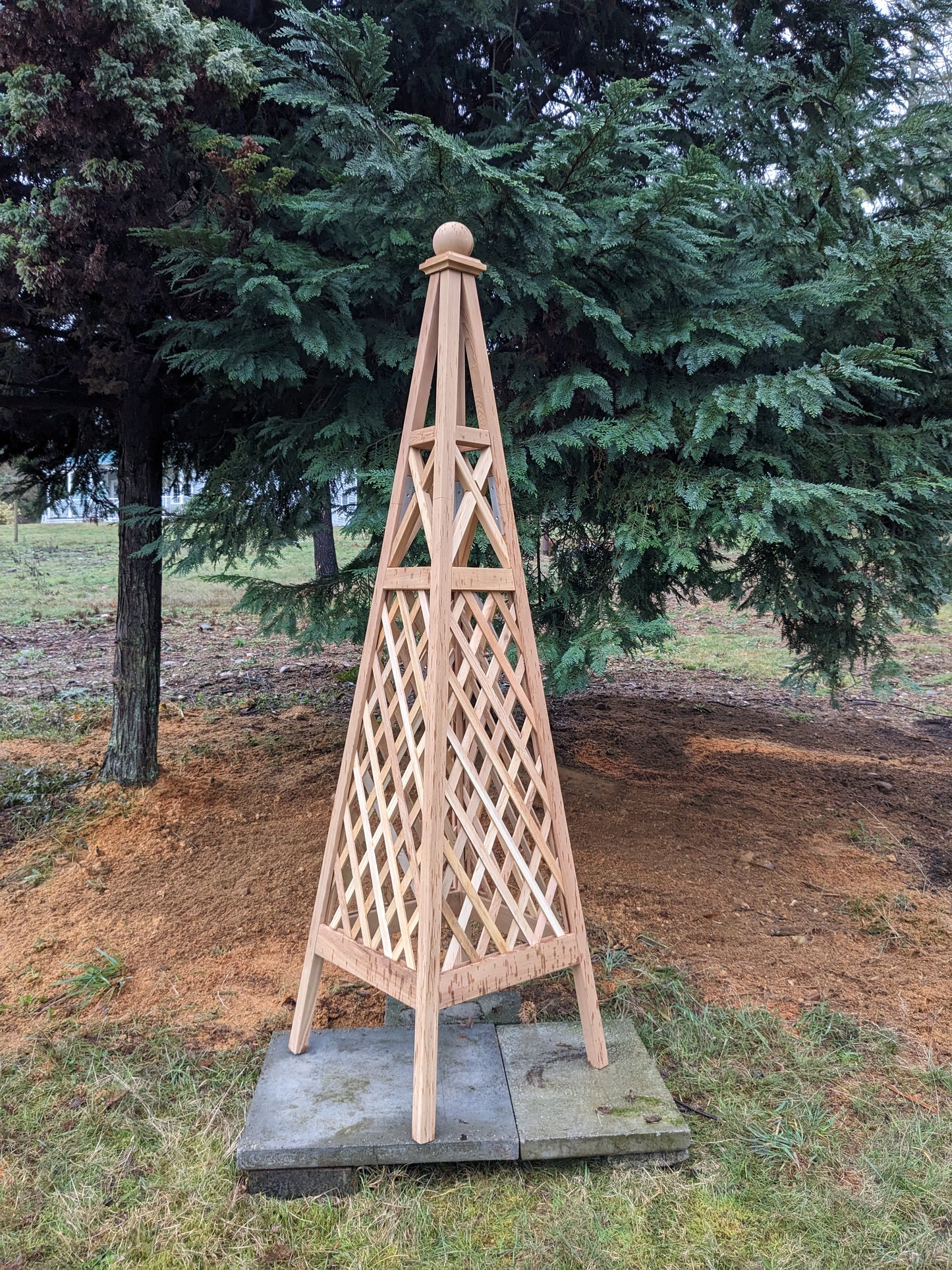 7' Premium Cedar Diamond Cross Garden Obelisk | 24" Base | Sphere Finial | Narrow Top