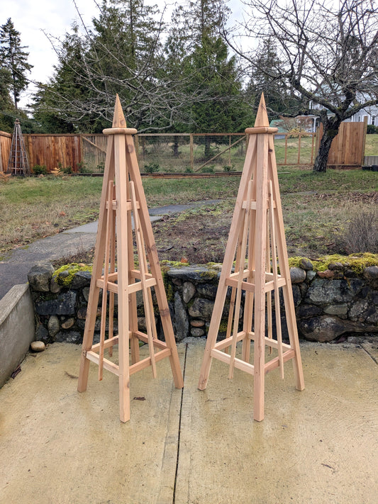 SALE ! Pair of 5' Cedar Garden Obelisk, 3 Rail Spire (spike) Finial 16" Base | Factory 2nd