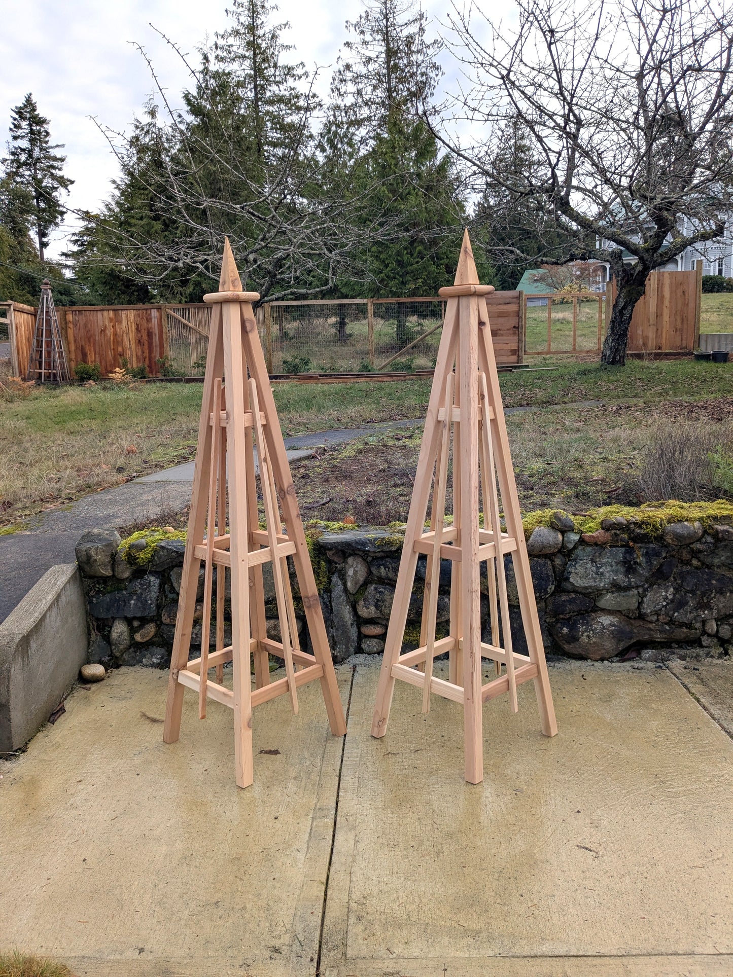 SALE ! Pair of 5' Cedar Garden Obelisk, 3 Rail Spire (spike) Finial 16" Base | Factory 2nd