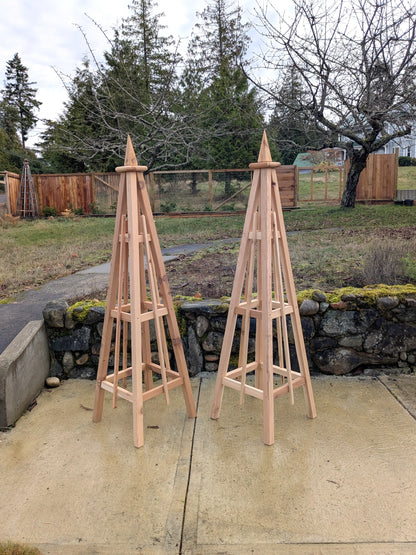 SALE ! Pair of 5' Cedar Garden Obelisk, 3 Rail Spire (spike) Finial 16" Base | Factory 2nd