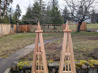 SALE ! Pair of 5' Cedar Garden Obelisk, 3 Rail Spire (spike) Finial 16" Base | Factory 2nd