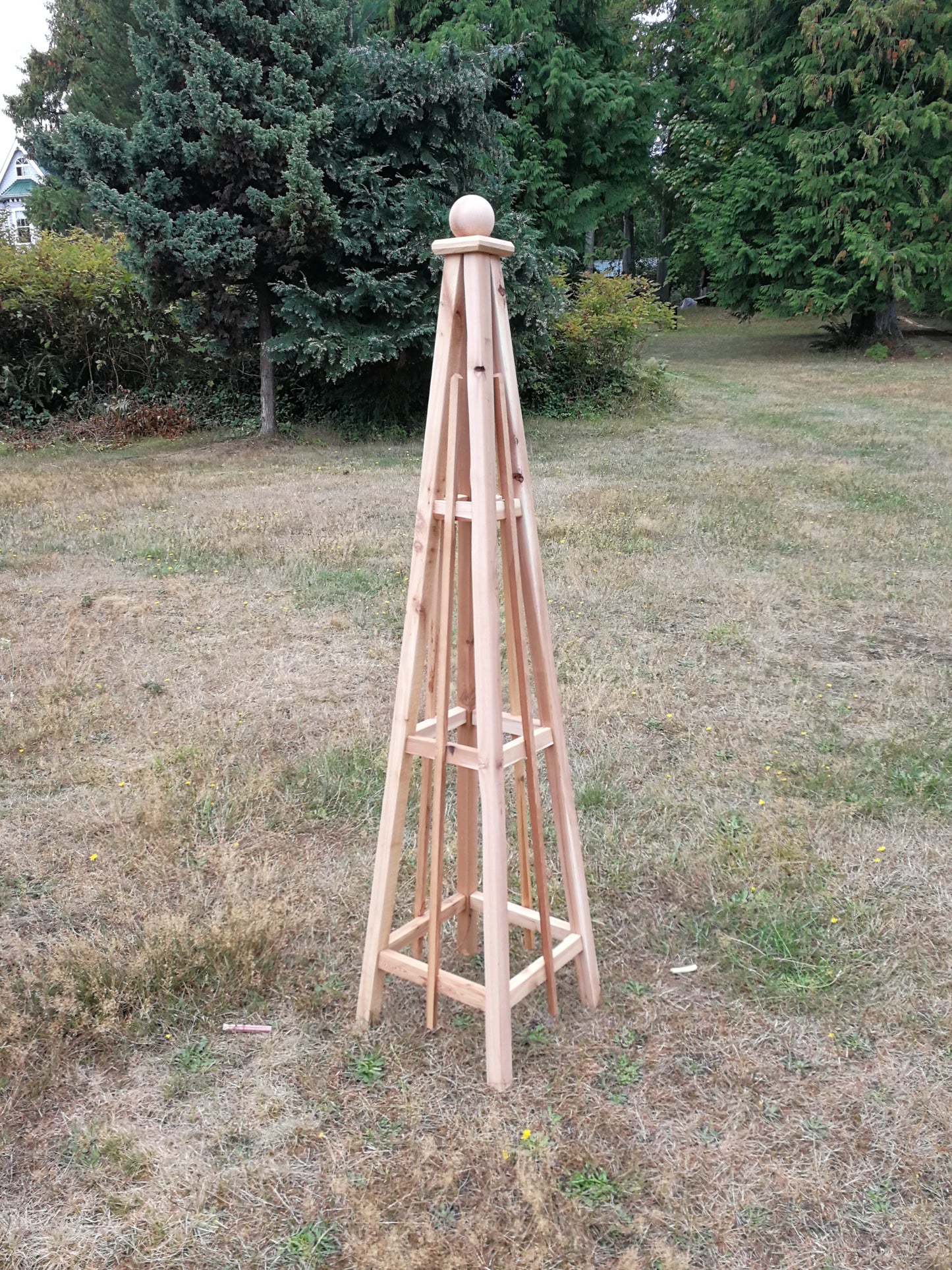 6' Solid Cedar Obelisk | Natural Unstained Western Red Cedar Obelisk | 16" or 24" Base with Sphere or Spire Finial