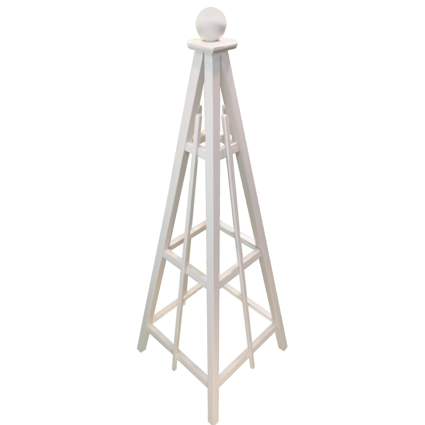 6' White Obelisk with Sphere Finial and 24" Base, Solid Pine, 3 Rail Obelisk