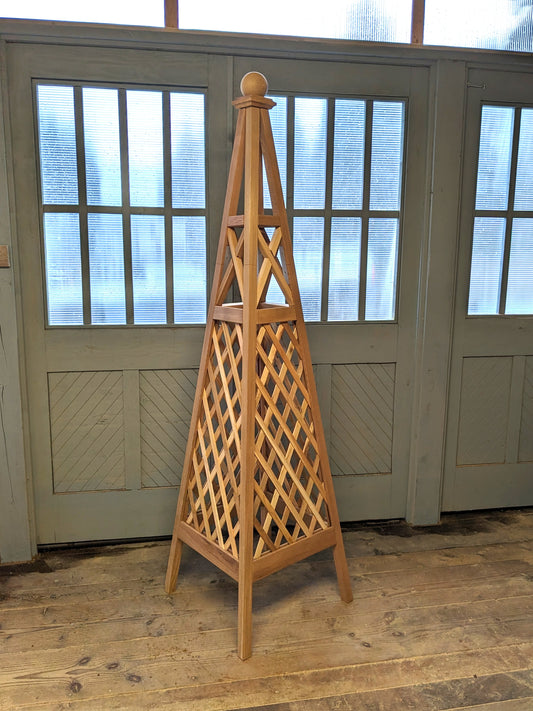 7' Premium Cedar Diamond Cross Garden Obelisk | 24" Base | Sphere Finial | Narrow Top