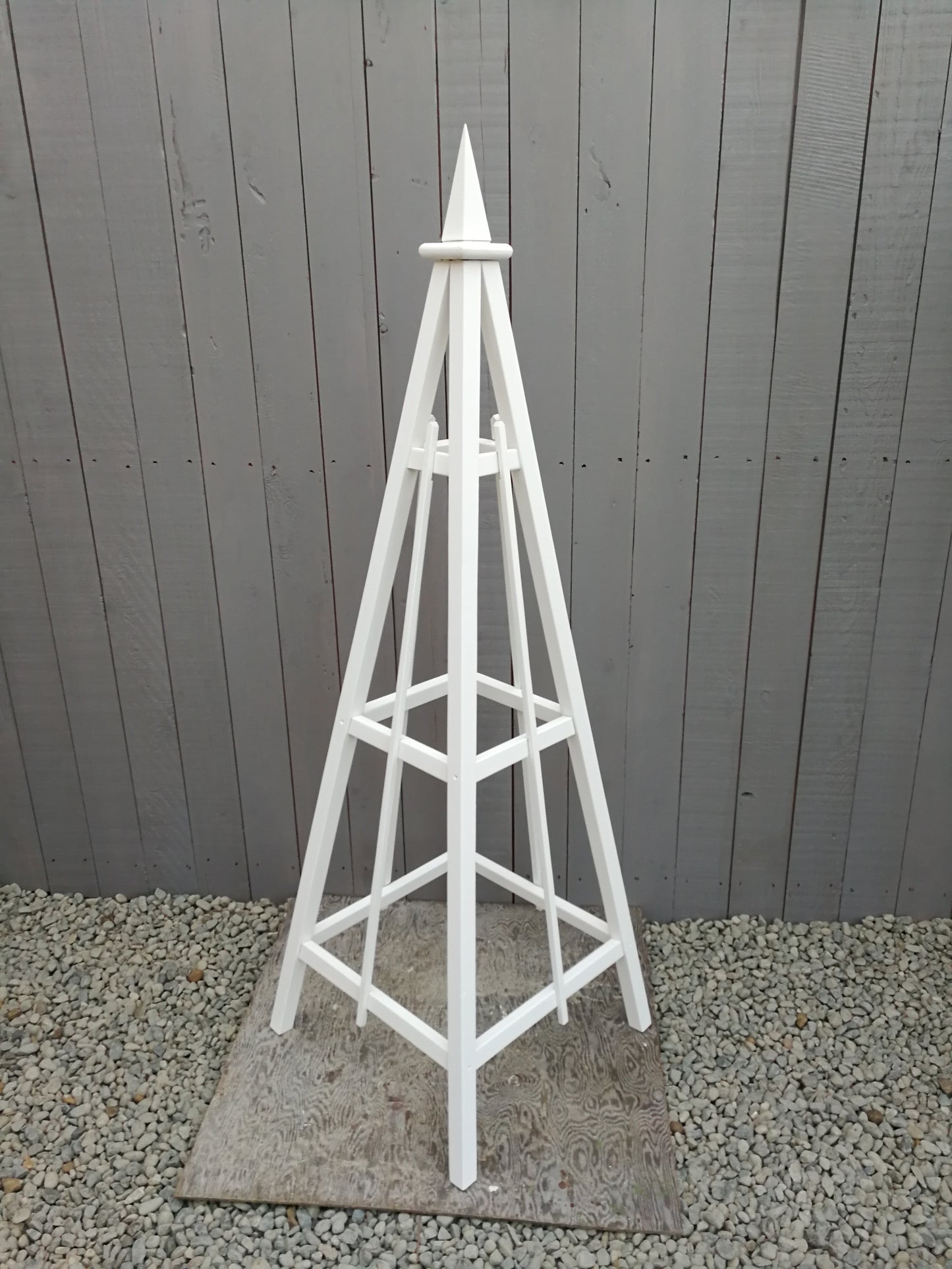 6' White Obelisk with Spire Finial and 24" Base,  Solid Pine, 3 Rail Obelisk