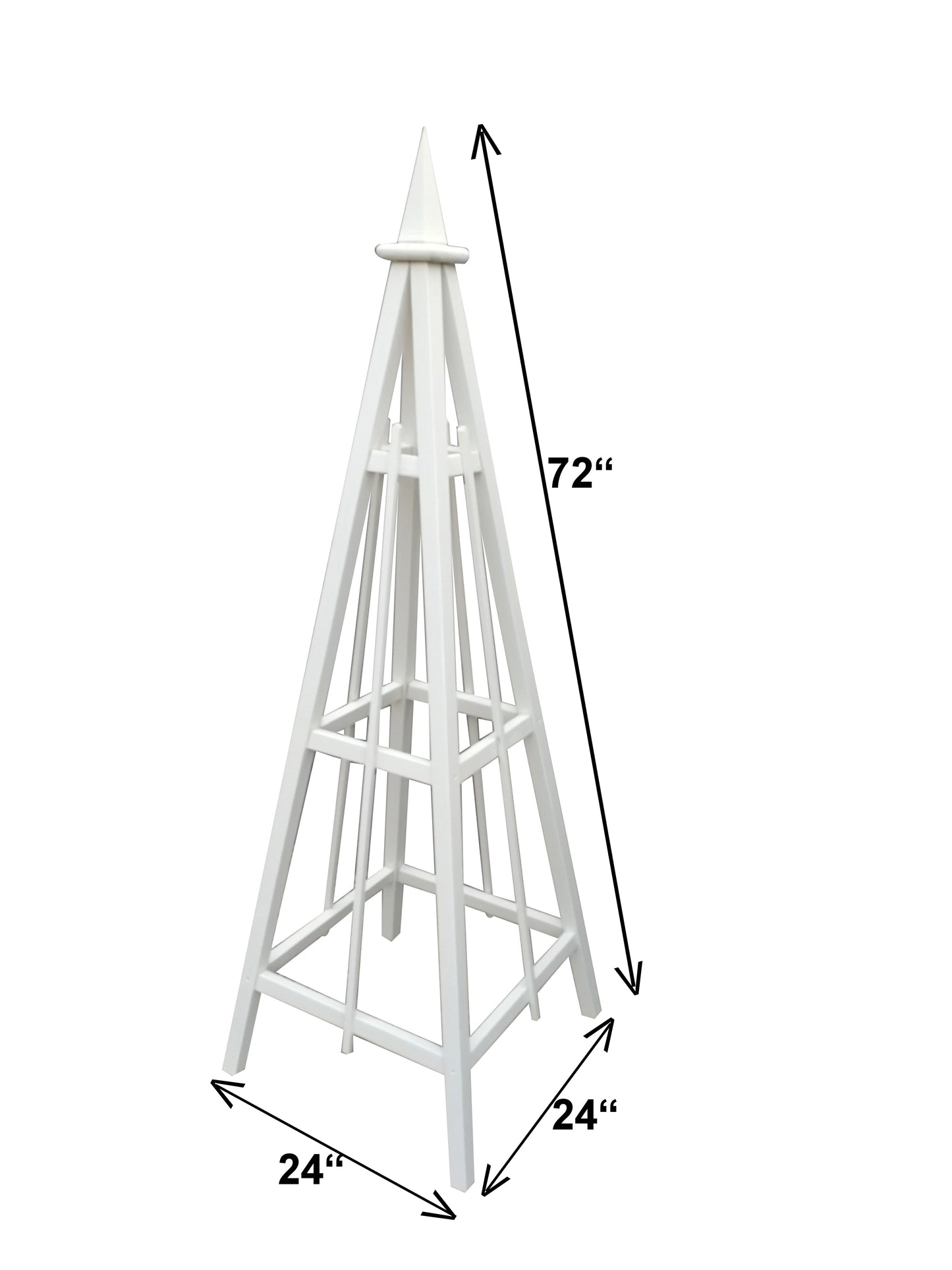 6' White Obelisk with Spire Finial and 24" Base,  Solid Pine, 3 Rail Obelisk