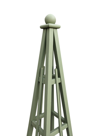 5' Select Cedar Garden Obelisk Moss Green Stain, 3 Rail Sphere or Spike Finial 16" Base