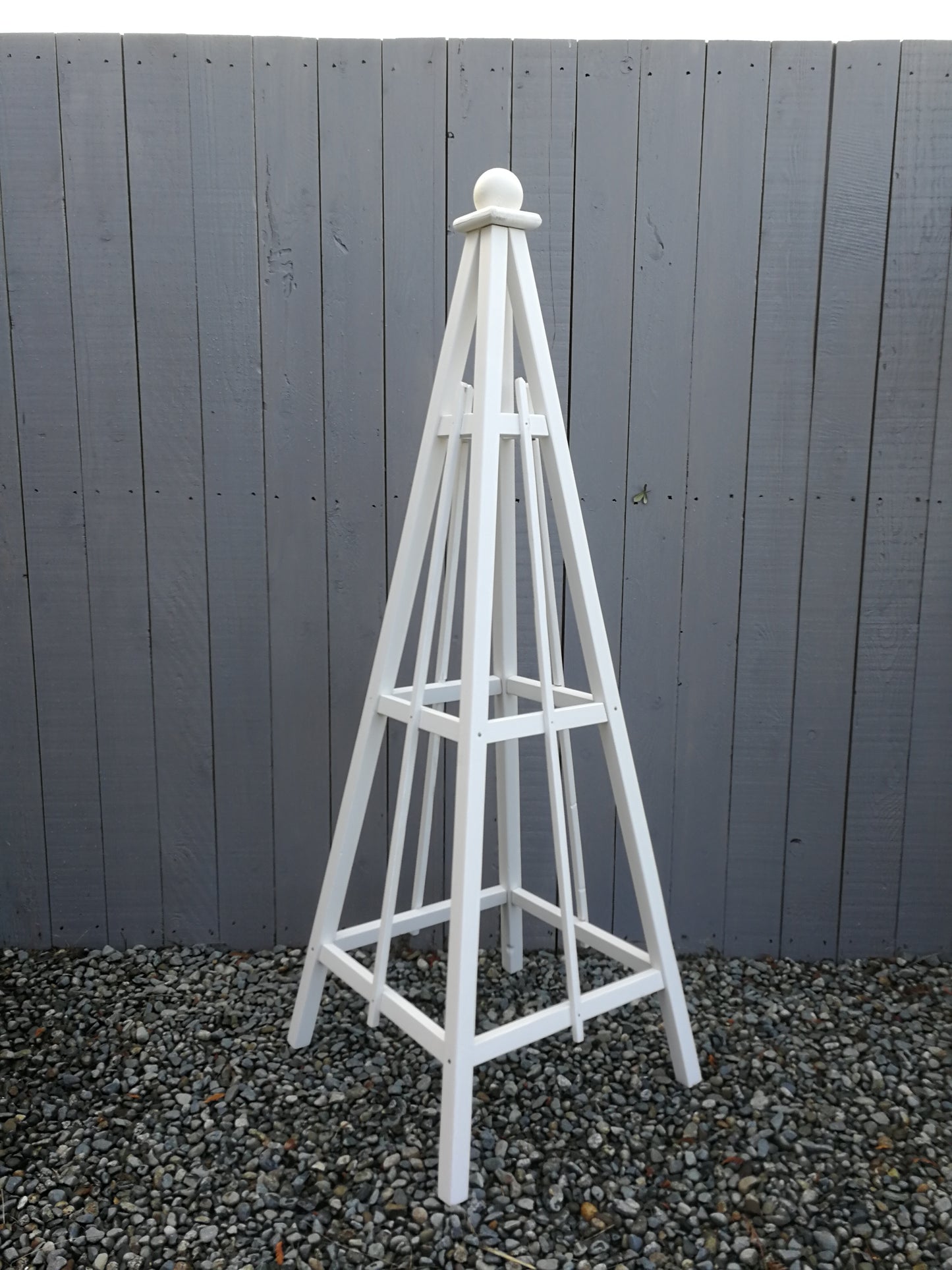 6' White Obelisk with Sphere Finial and 24" Base, Solid Pine, 3 Rail Obelisk