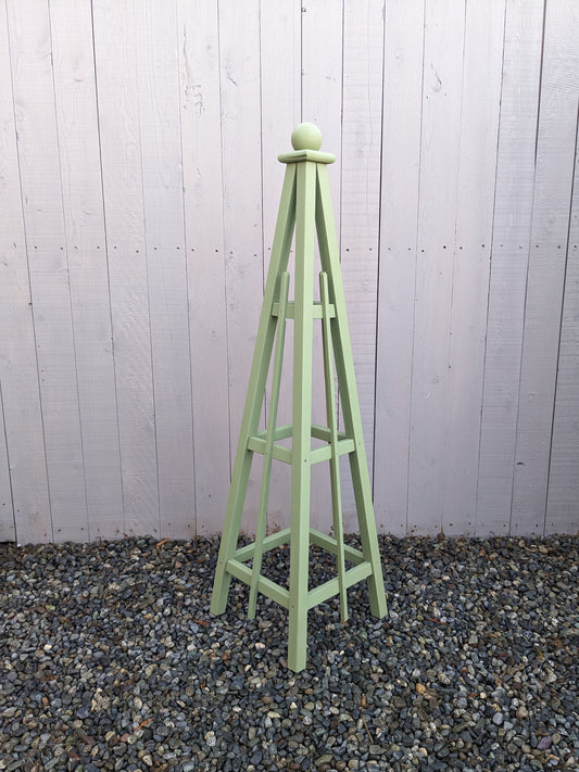 5' Select Cedar Garden Obelisk Moss Green Stain, 3 Rail Sphere or Spike Finial 16" Base