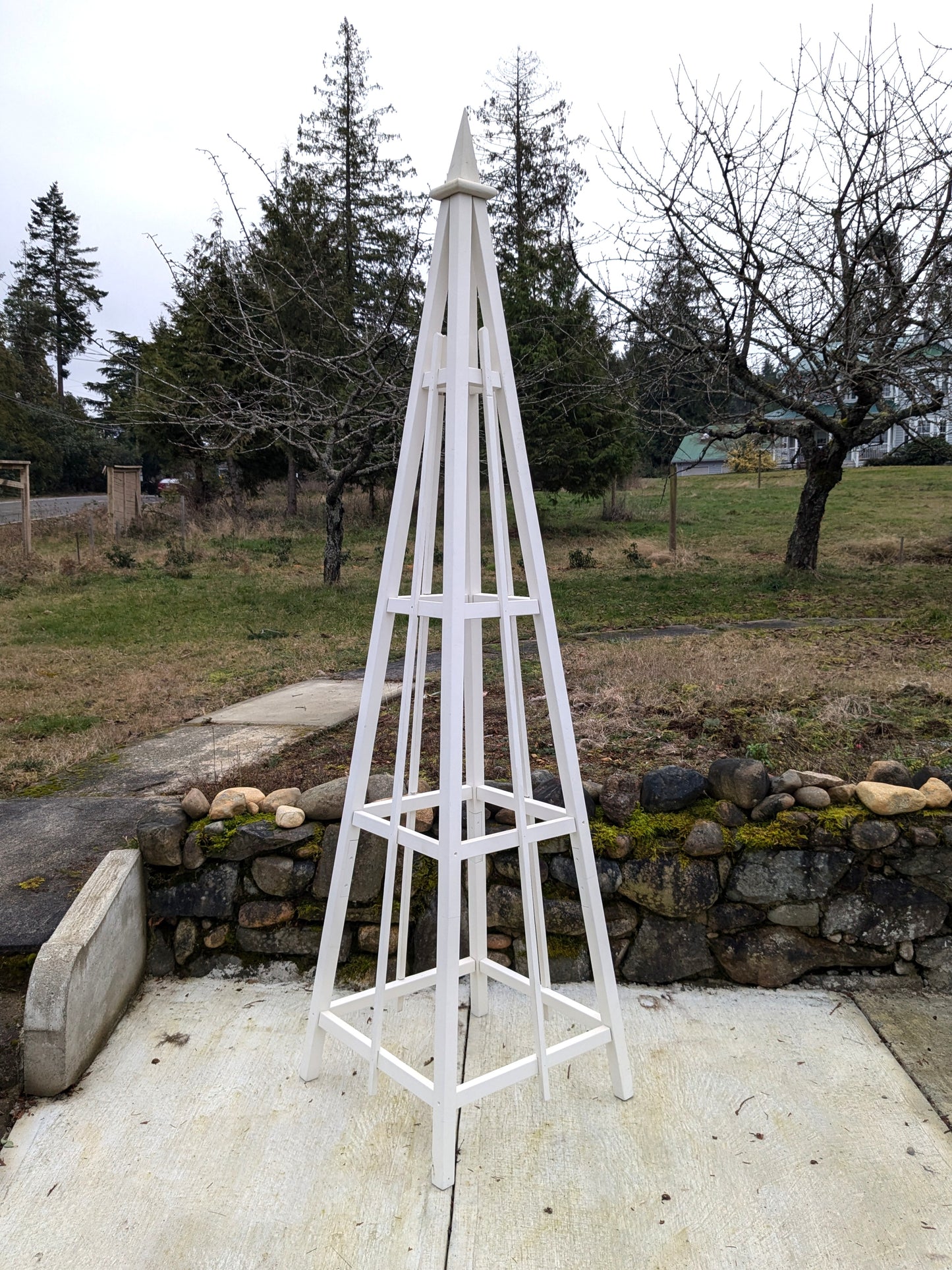 8' White Stained Pine Garden Obelisk | Factory 2nd | 24" Base | Spire Finial