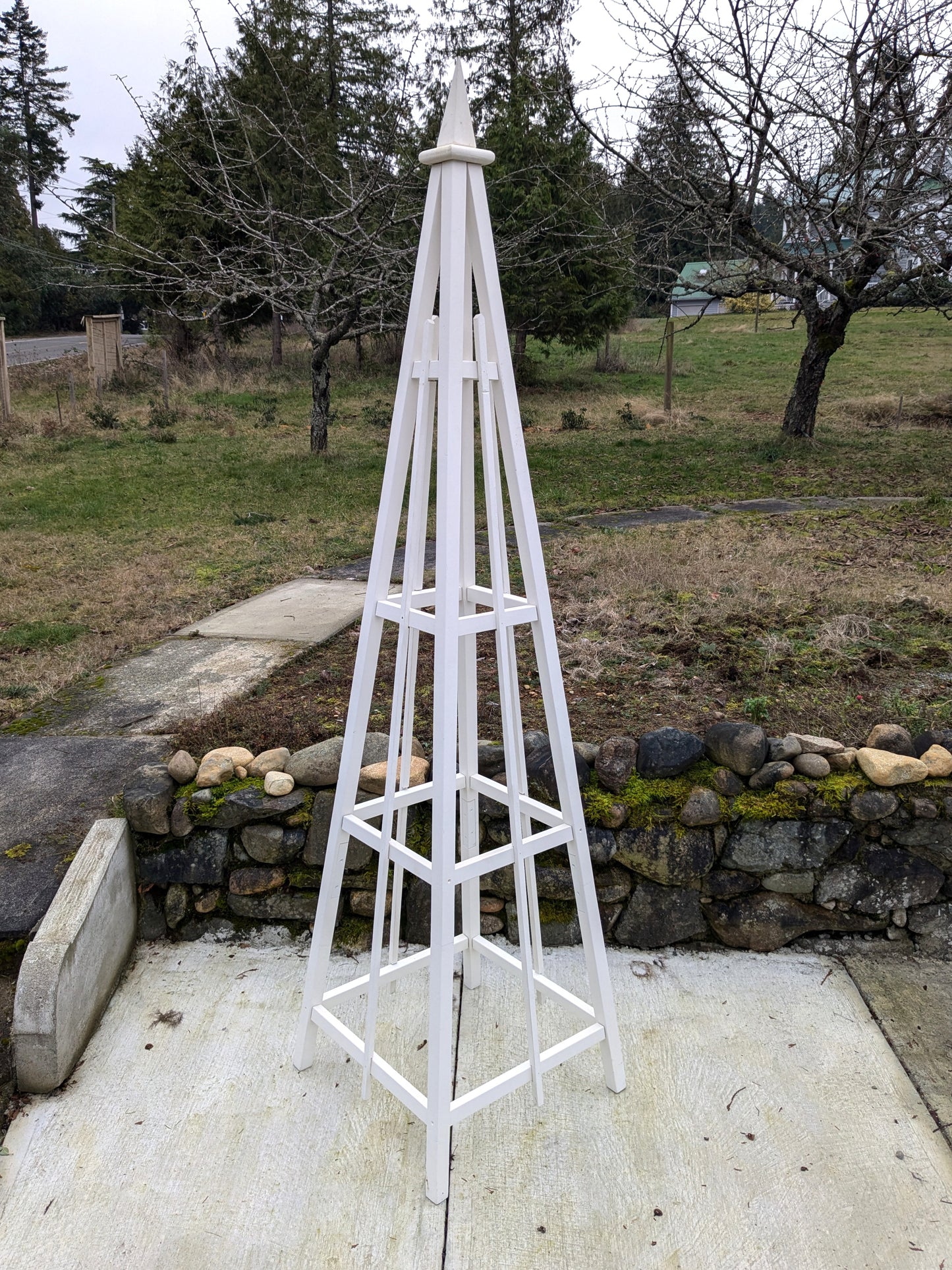 8' White Stained Pine Garden Obelisk | Factory 2nd | 24" Base | Spire Finial