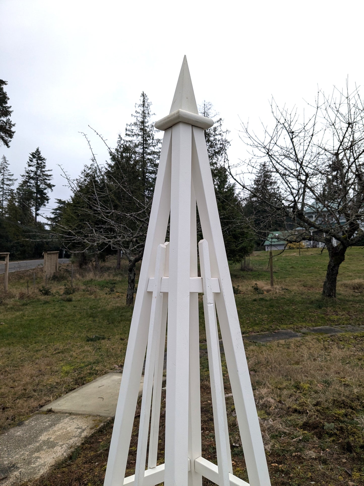 8' White Stained Pine Garden Obelisk | Factory 2nd | 24" Base | Spire Finial