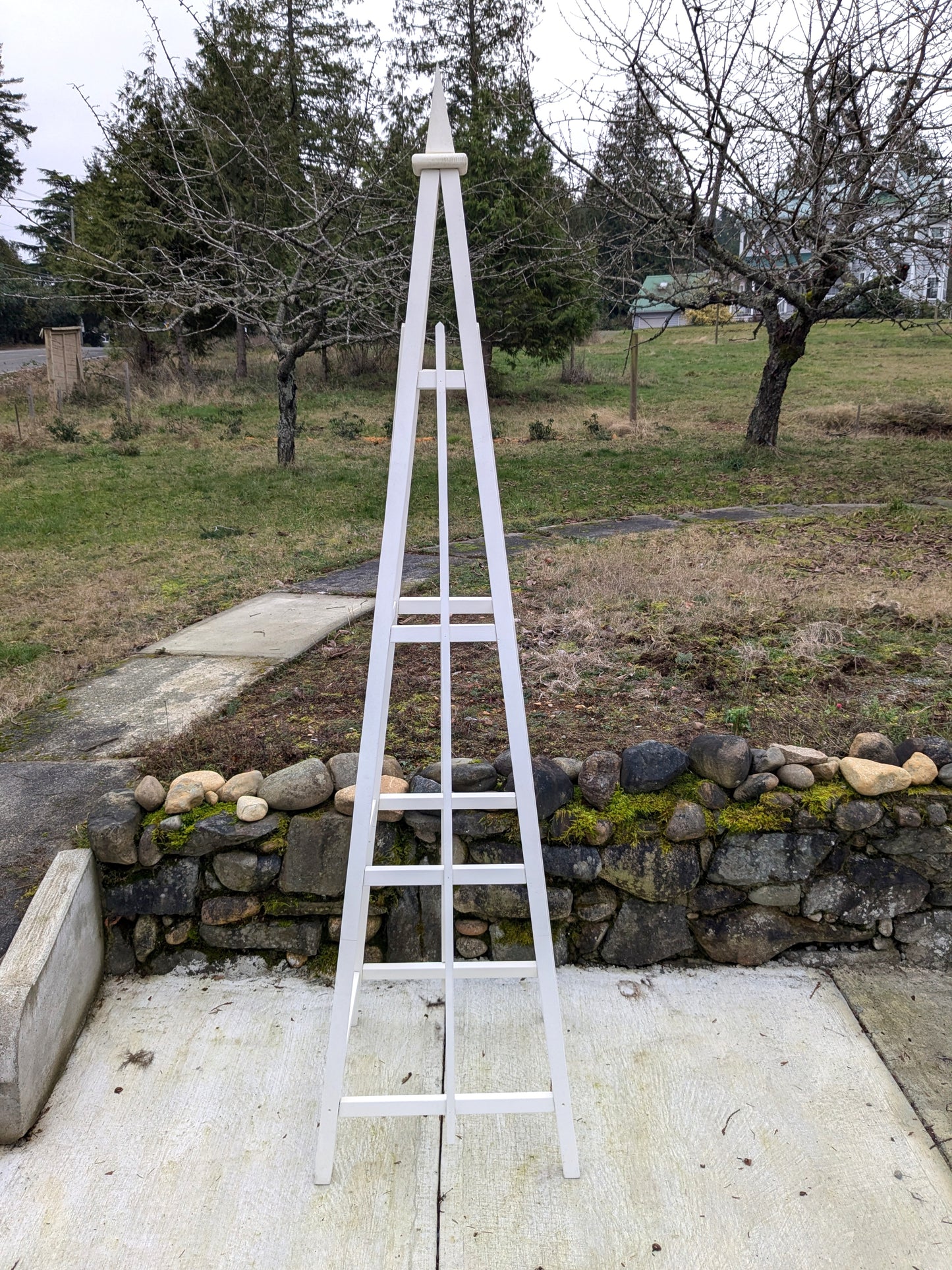 8' White Stained Pine Garden Obelisk | Factory 2nd | 24" Base | Spire Finial