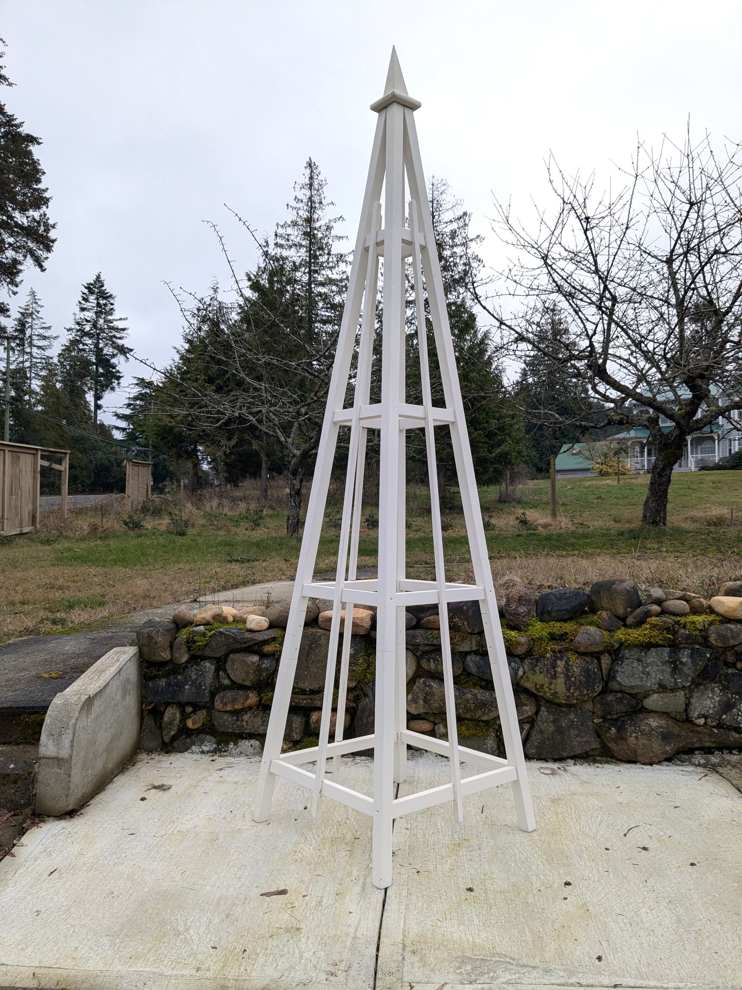 8' White Stained Pine Garden Obelisk | Factory 2nd | 24" Base | Spire Finial