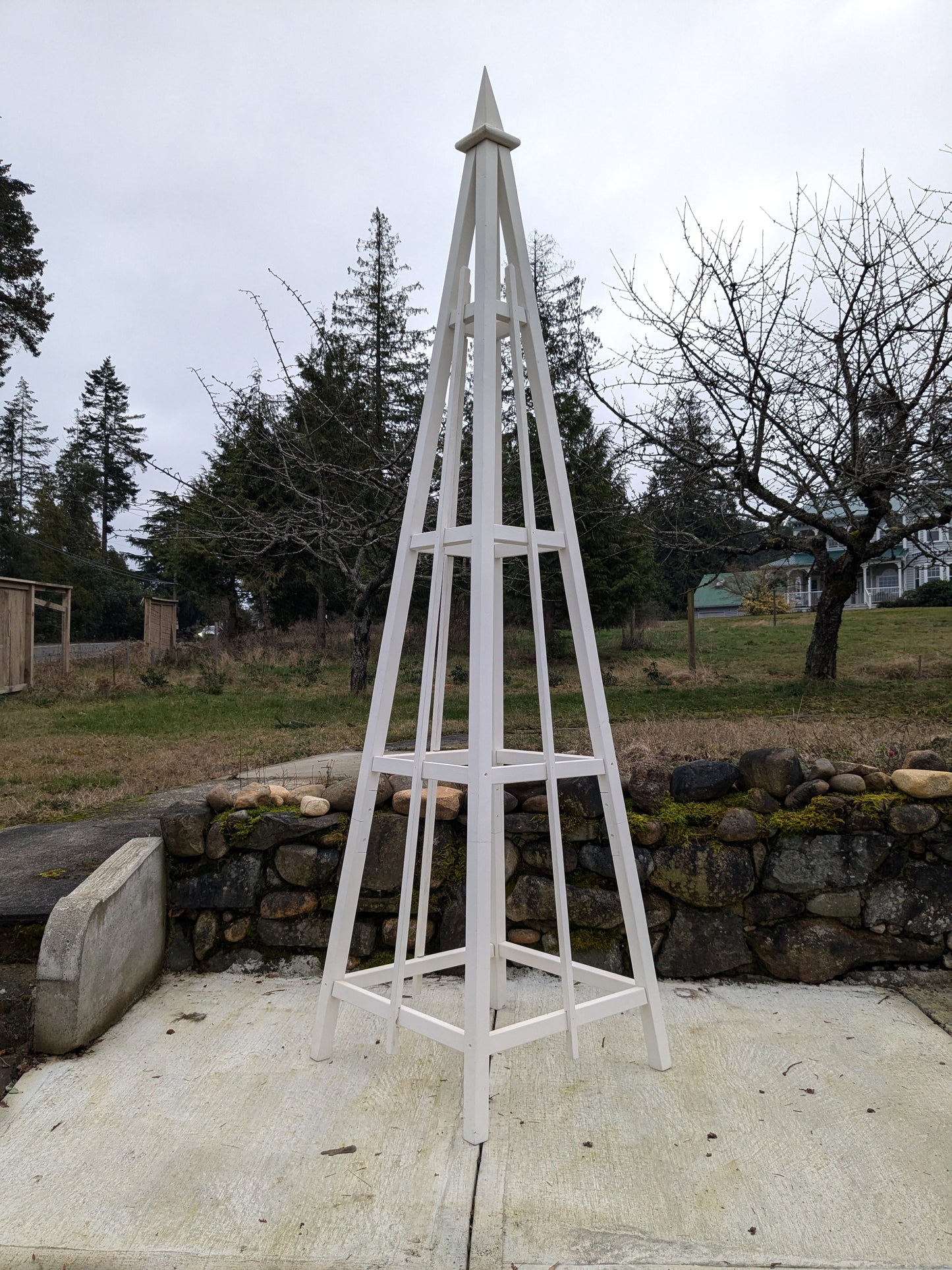 8' White Stained Pine Garden Obelisk | Factory 2nd | 24" Base | Spire Finial