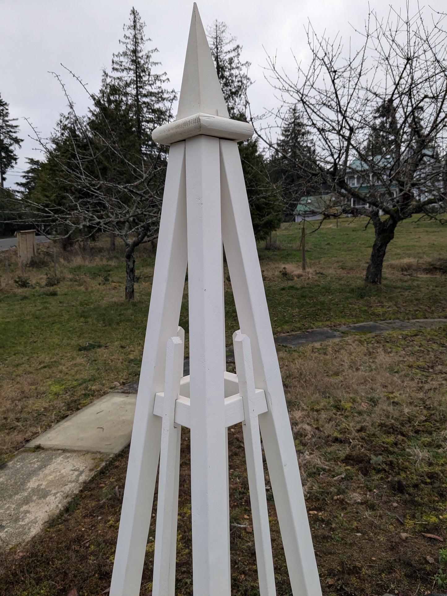 8' White Stained Pine Garden Obelisk | Factory 2nd | 24" Base | Spire Finial