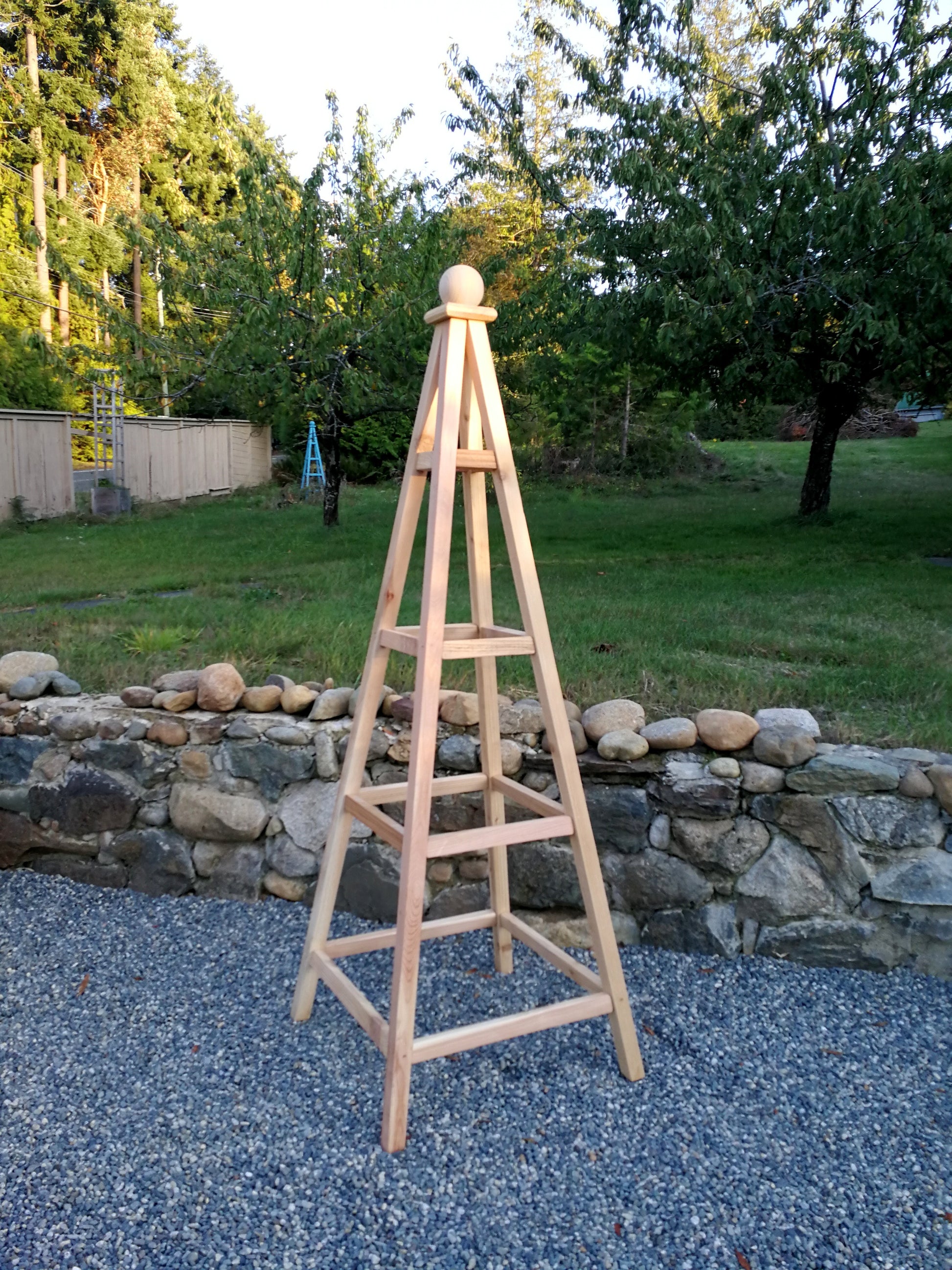 wood obelisk trellis Cedar 6' Garden Obelisk, Sphere Finial 24" Base, Pyramid Trellis – WOODBRUTE DESIGNS